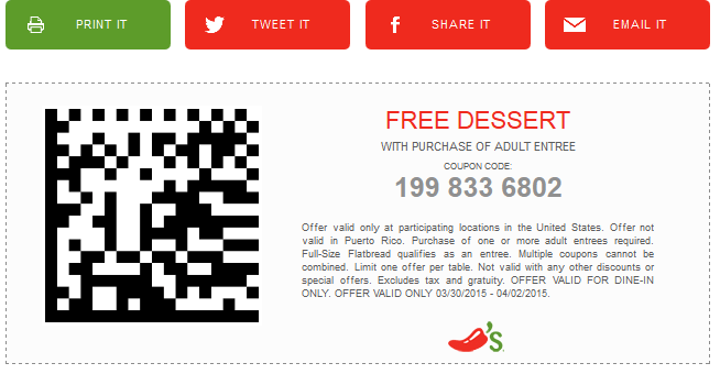 Chilis Coupon April 2024 Free dessert with your entree at Chilis