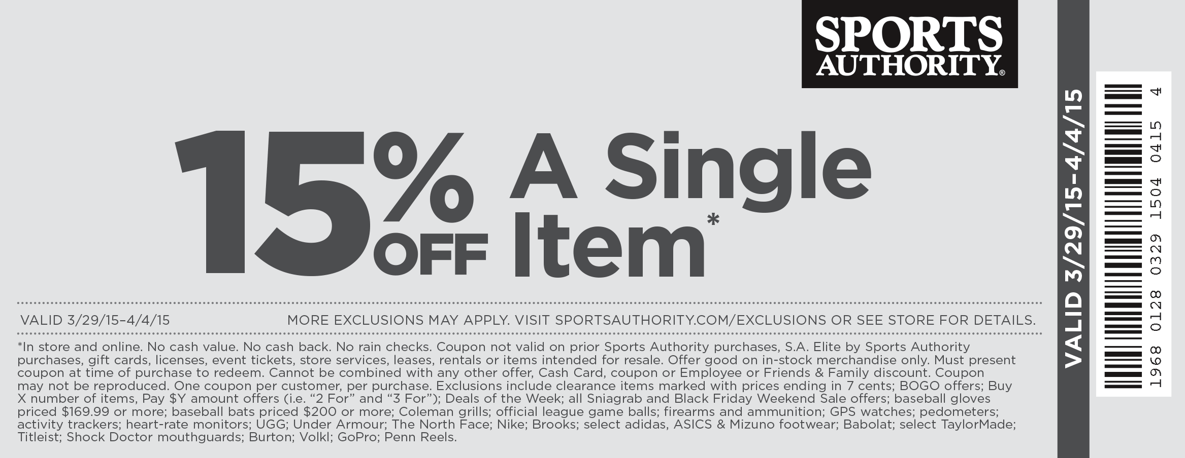 Sports Authority Coupon April 2024 15% off a single item at Sports Authority, ditto online