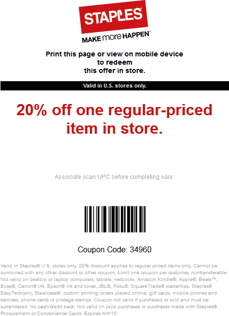 Staples Coupon April 2024 20% off a single item at Staples