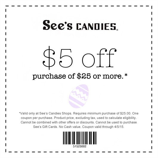 Sees Candies Coupon April 2024 $5 off $25 at Sees Candies
