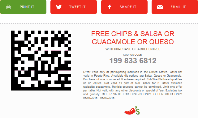 Chilis Coupon April 2024 Free chips & dip with your entree at Chilis