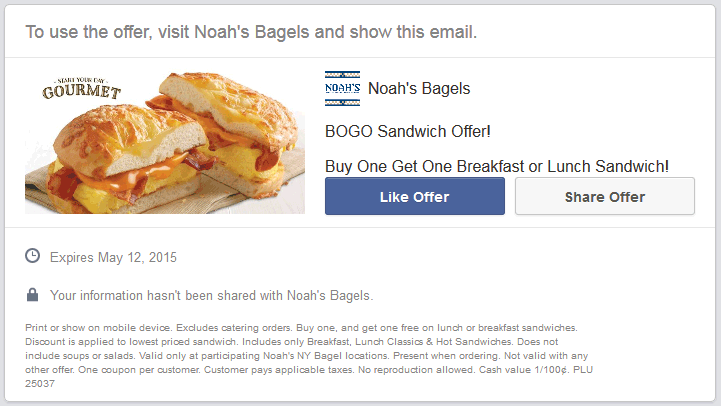 Noahs Coupon April 2024 Second sandwich free at Noahs Bagels