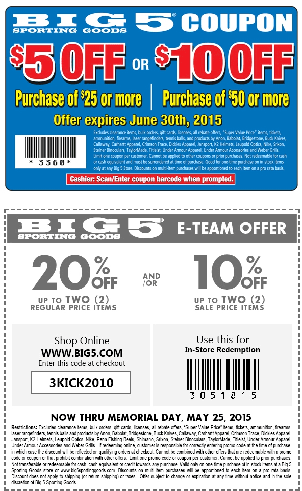 Big 5 coupons 20 off a couple items & more at Big 5