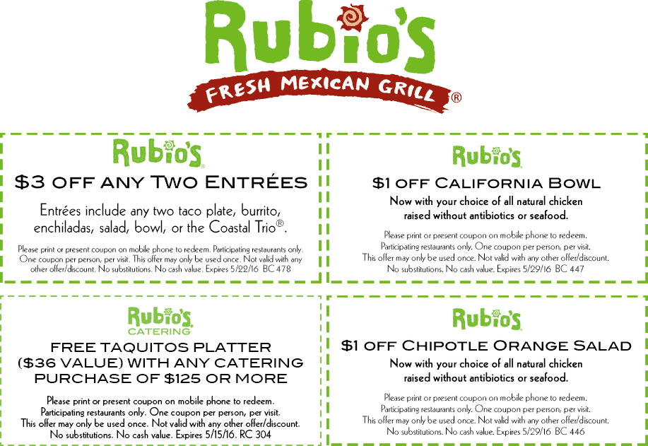 Rubios Coupons 3 off a couple entrees & more at Rubios fresh Mexican