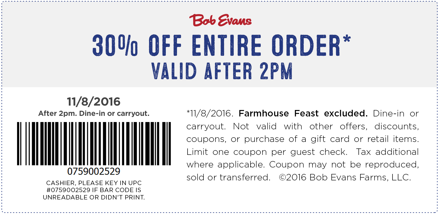 Bob Evans Coupons Second entree free at Bob Evans