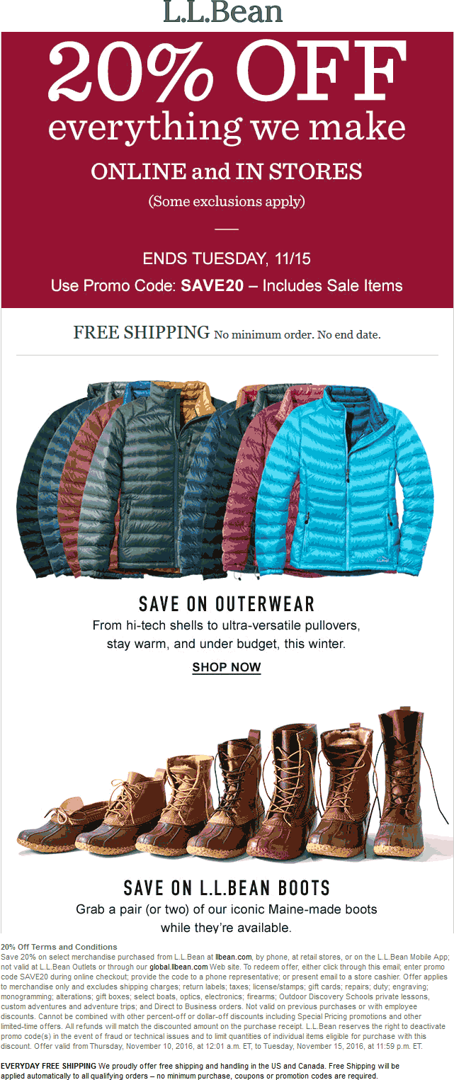 L.L.Bean Coupons 20 off everything at L.L.Bean, or online via promo