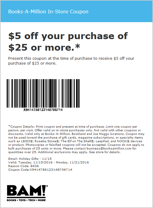 BooksAMillion Coupons 5 off 25 at BooksAMillion