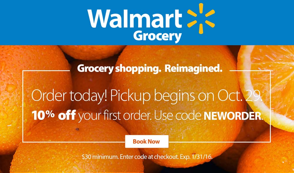 Walmart Grocery coupons 10 off store pickup of first