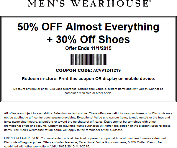 Mens Wearhouse Coupons - Shirts & ties are 50% off + BOGO on everything else at Mens Wearhouse