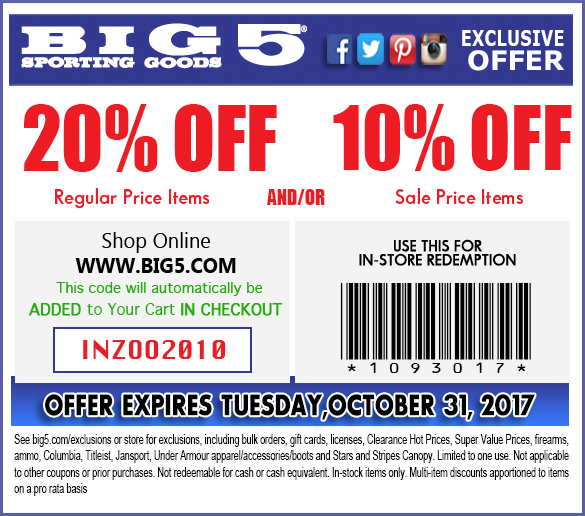 Big 5 Coupons 20 off at Big 5 sporting goods, or online via promo