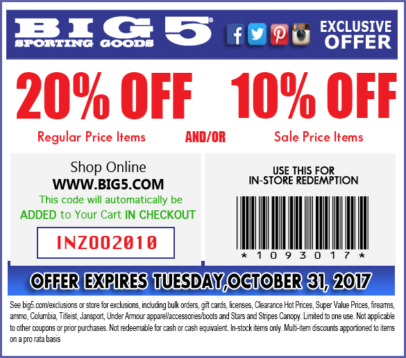 Big 5 Coupons 20% off at Big 5 sporting goods or online via promo