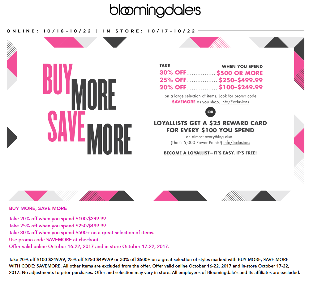 Bloomingdales Coupons - 20-30% off $100+ at Bloomingdales, or online via promo code SCORE