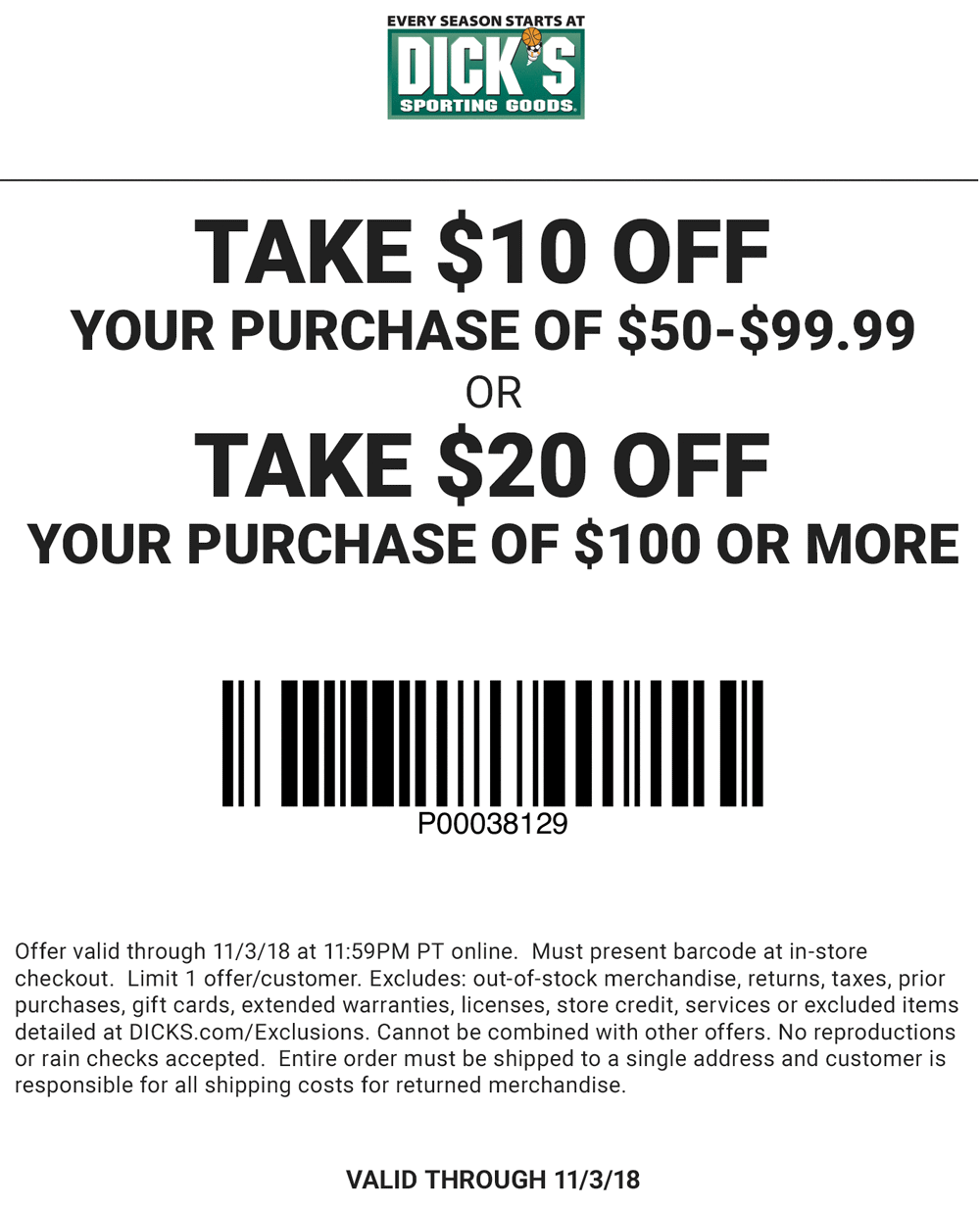 Dicks Coupons 20 off 100 at Dicks sporting goods, ditto online