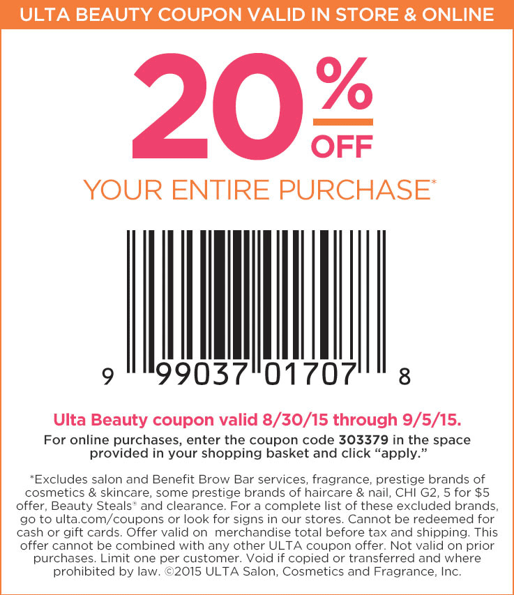 Ulta Coupons 20 off everything at Ulta, or online via promo code 303379