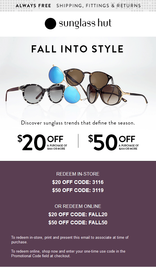 Sunglass hut hot sale coupon