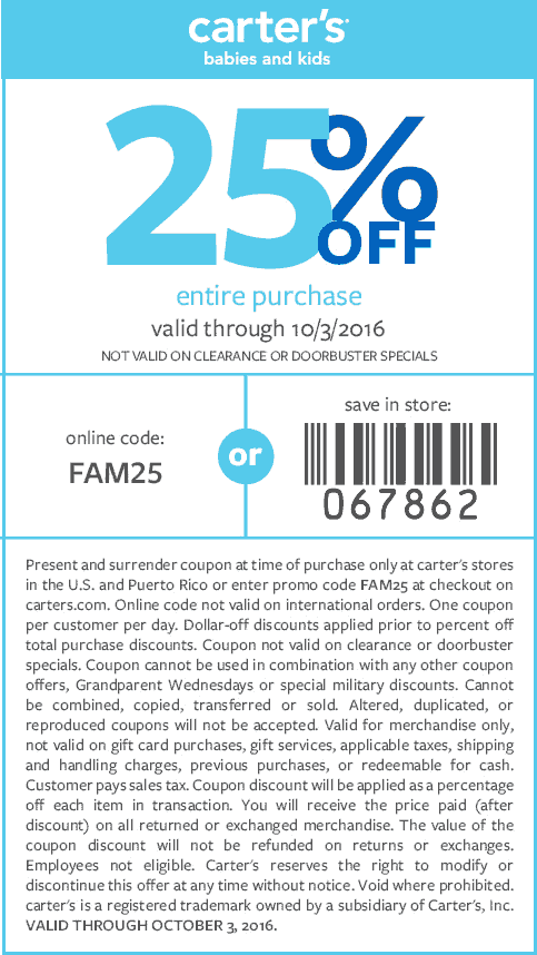 Carters Coupons 25 Off At Carters Or Online Via Promo Code FAM25