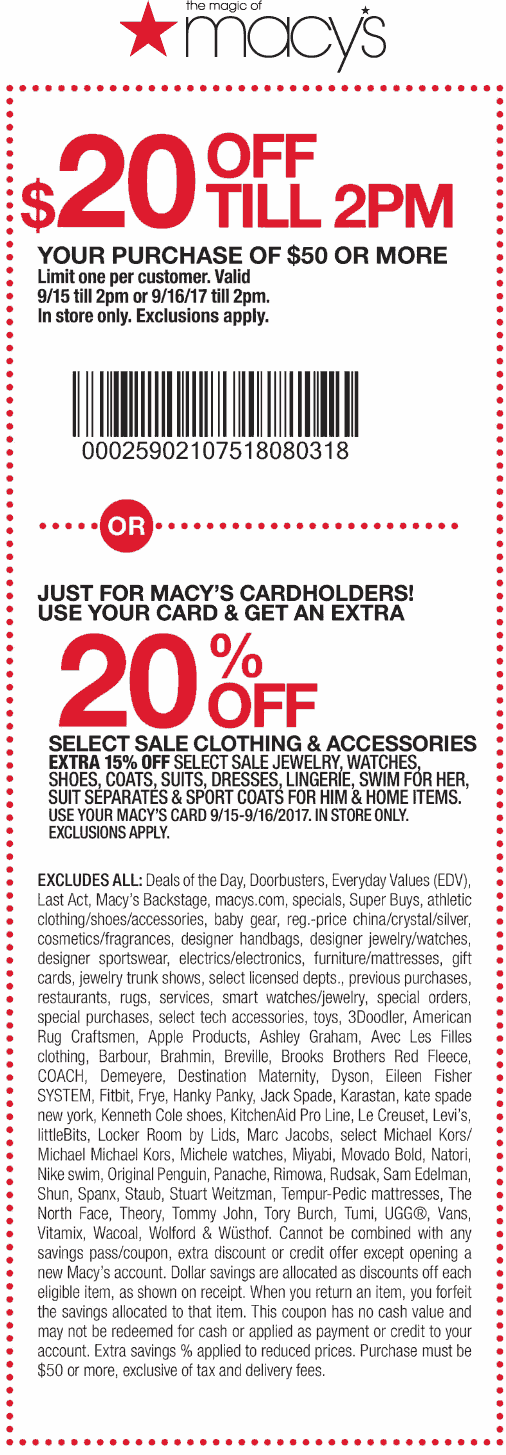 Macys Coupons - $20 off $50 til 2pm at Macys