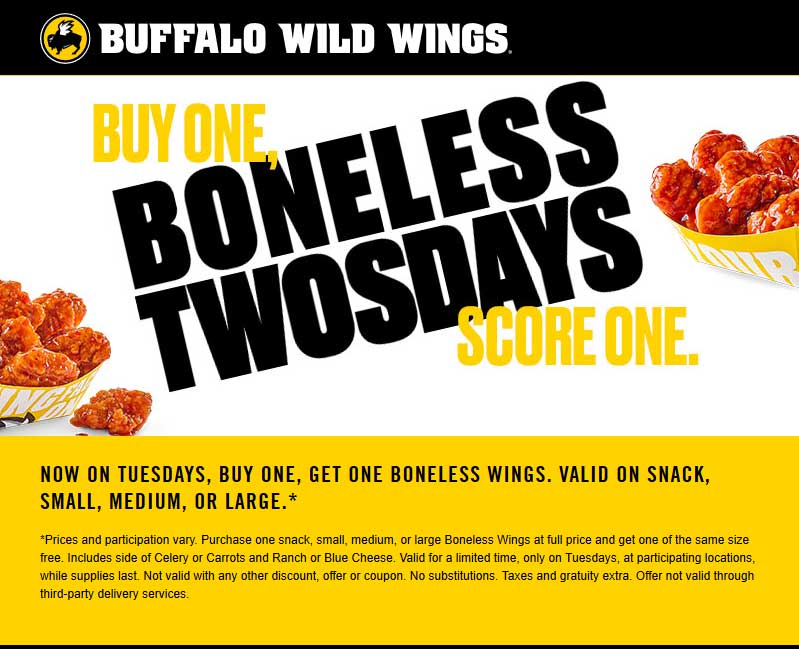 Buffalo Wild Wings Coupons Second boneless wings free Tuesday at