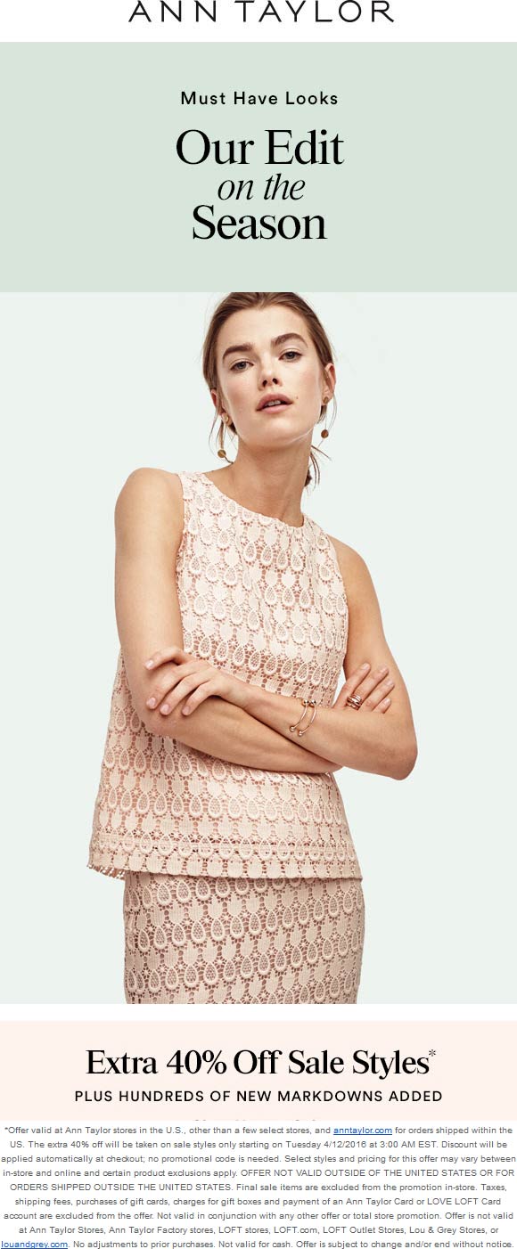 Ann Taylor Coupon May 2024 Extra 40% off sale items at Ann Taylor, ditto online