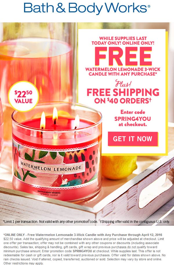 Bath & Body Works Coupon April 2024 $22 3-wick candle free with any purchase online today at Bath & Body Works via promo code SPRING4YOU