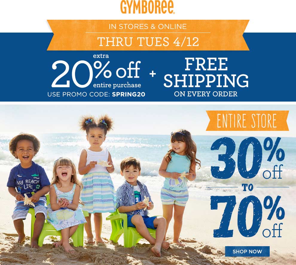 Gymboree Coupon April 2024 30% + another 20% off everything today at Gymboree, or online with free ship via promo code SPRING20