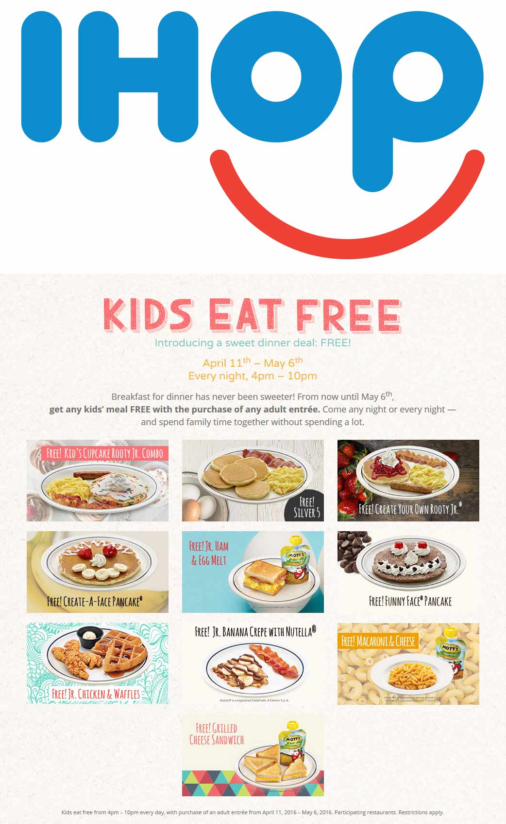 IHOP Coupon April 2024 Kids eat free with your meal 4-10pm daily at IHOP