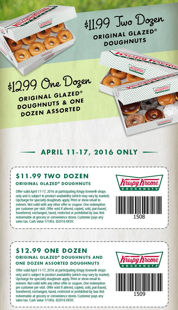 Krispy Kreme Coupon April 2024 2 dozen doughnuts for $12 at Krispy Kreme