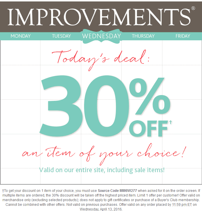 Improvements Coupon April 2024 30% off a single item online today at Improvements Catalog via promo code MM6W277 - includes sale items