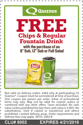 Quiznos Coupon April 2024 Chips & drink free with your sub or salad at Quiznos