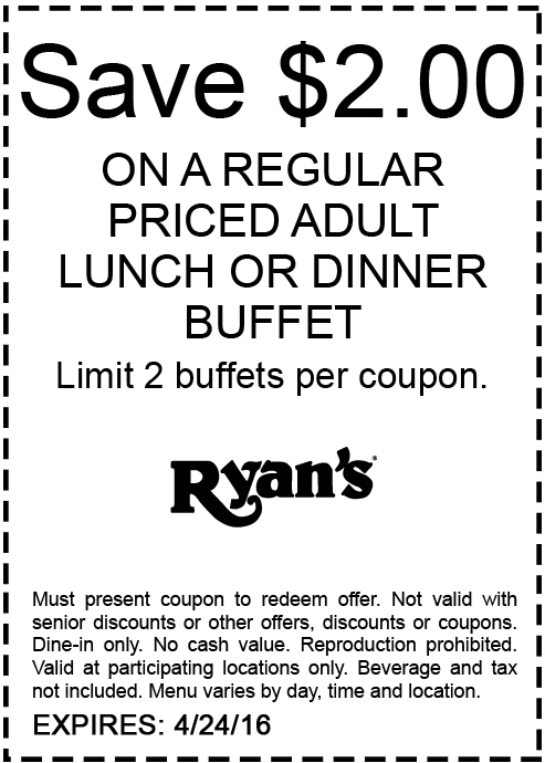 Ryans Coupon April 2024 $2 off a buffet at Ryans