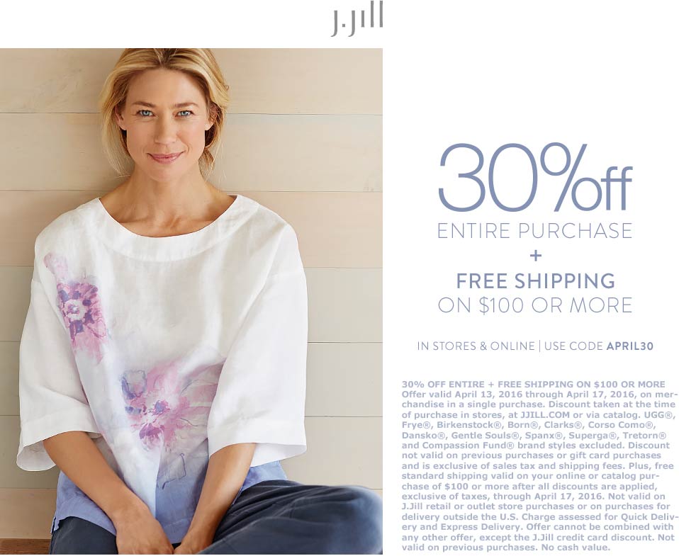 J.Jill Coupon April 2024 30% off everything at J.Jill, or online via promo code APRIL30