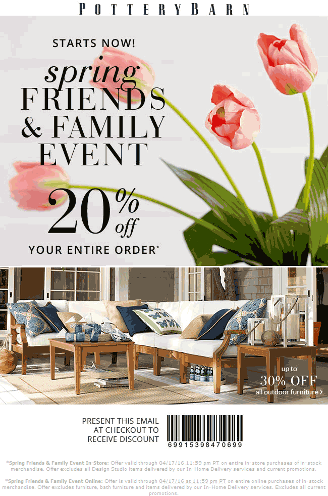 Pottery Barn Coupon April 2024 20% off at Pottery Barn, ditto online