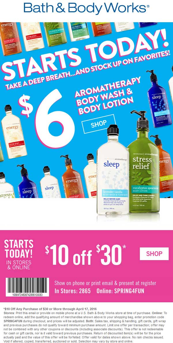 Bath & Body Works Coupon April 2024 $10 off $30 at Bath & Body Works, or online via promo code SPRING4FUN