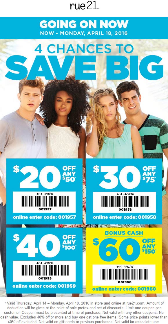 Rue21 Coupon April 2024 $20 off $50 & more at rue21, or online via promo code 001957