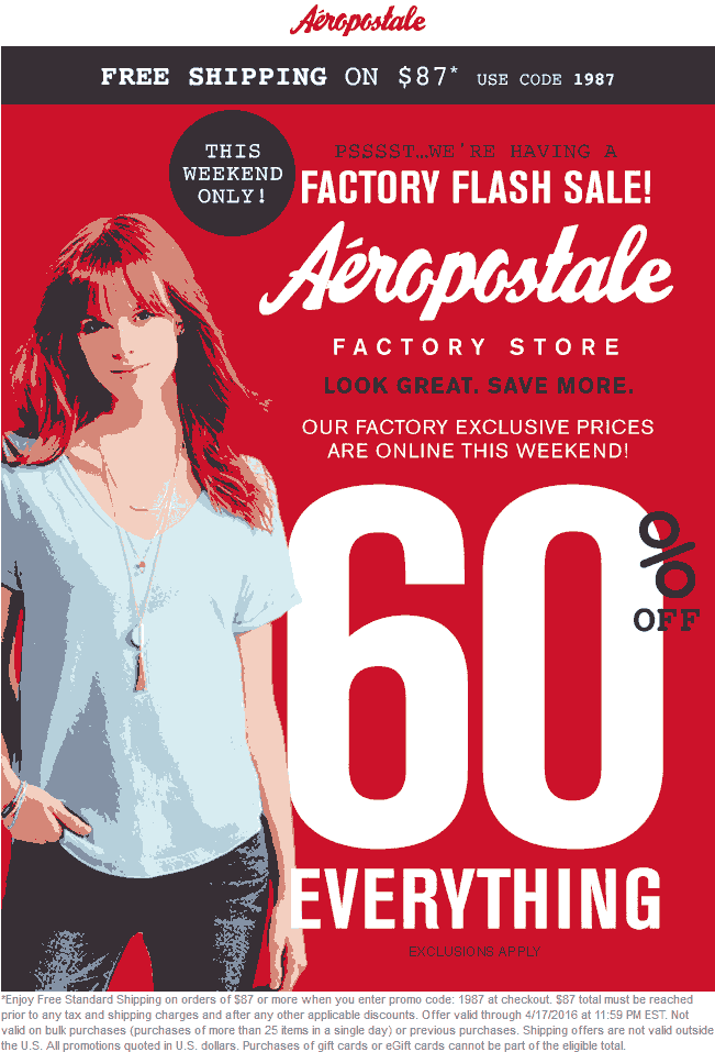 Aeropostale Factory Coupon April 2024 Everything is 60% off at Aeropostale Factory, ditto online