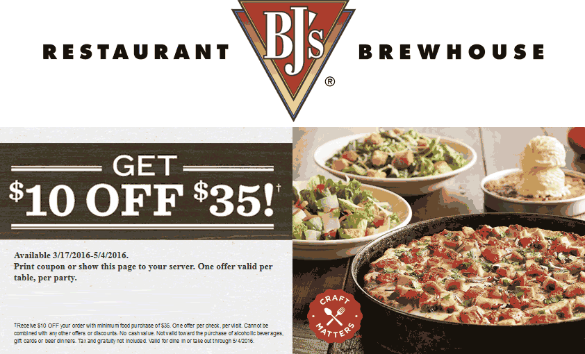 BJs Restaurant Coupon April 2024 $10 off $35 at BJs Restaurant Brewhouse