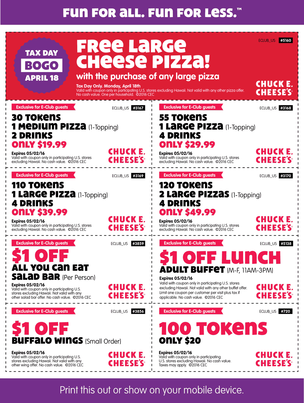 Chuck E Cheese May 2021 Coupons And Promo Codes   April 2016 106 Chuck E Cheese Coupon 12827 