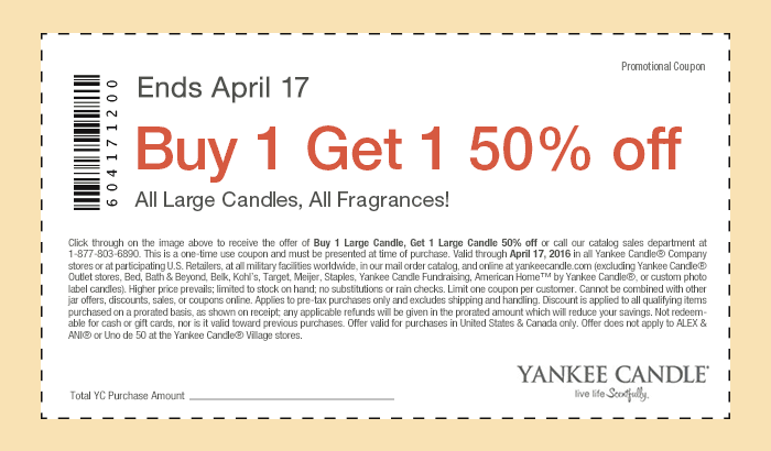 Yankee Candle Coupon April 2024 Second fragrance or large candle 50% off at Yankee Candle, ditto online