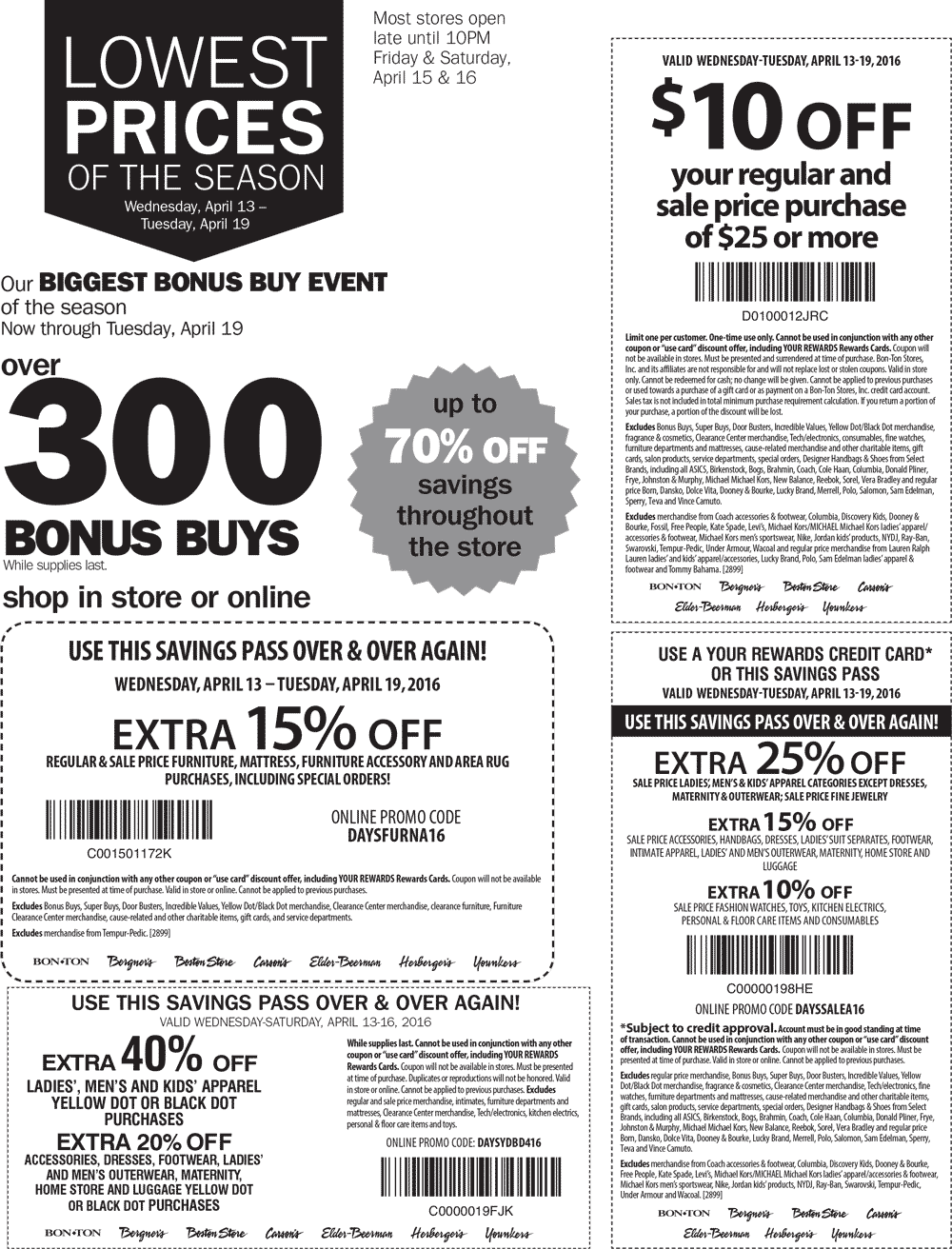 Carsons Coupon April 2024 $10 off $25 & more at Carsons, Bon Ton & sister stores, or 25% online via promo code DAYSSALEA16