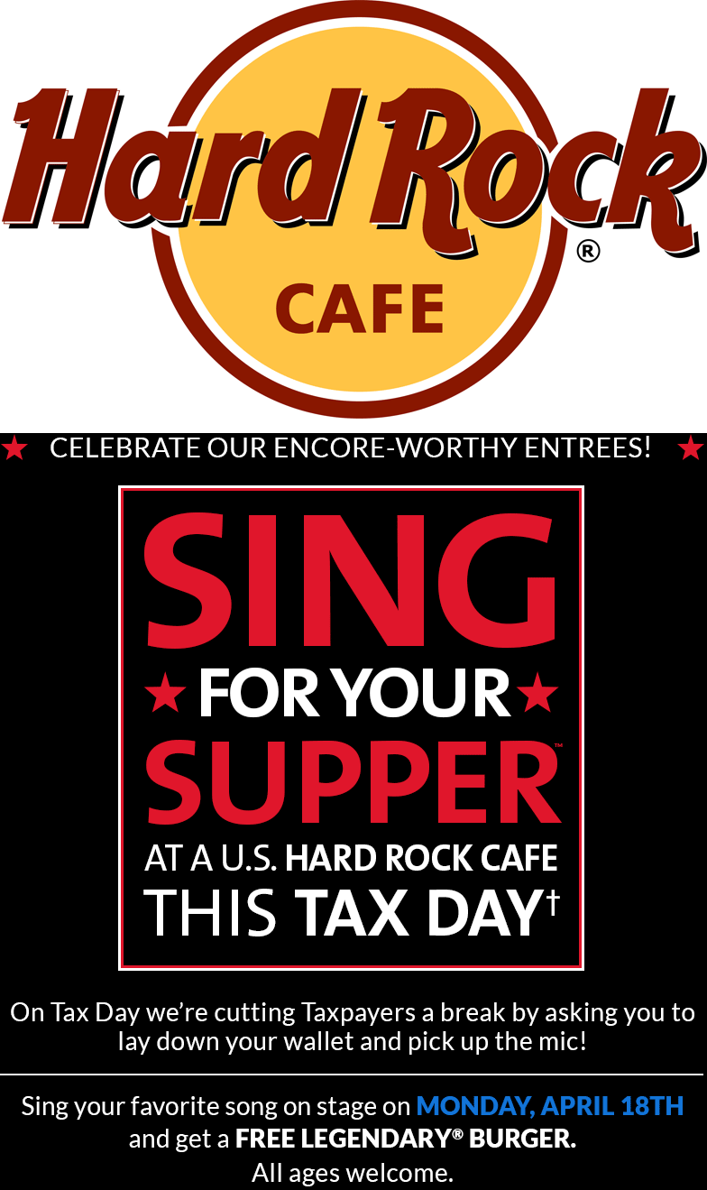Hard Rock Cafe Coupon April 2024 Sing for a free burger today at Hard Rock Cafe