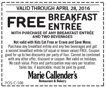 Marie Callenders Coupon April 2024 Second breakfast free at Marie Callenders