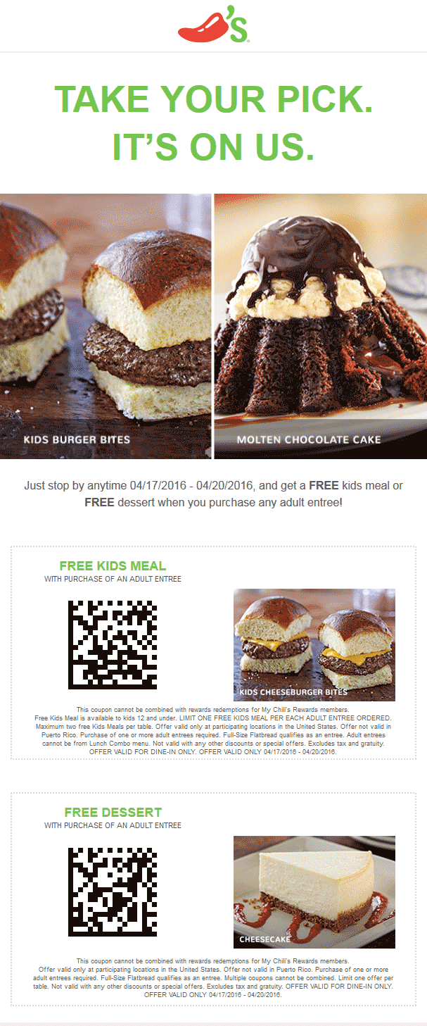 Chilis Coupon April 2024 Kids meal or dessert free with your entree at Chilis