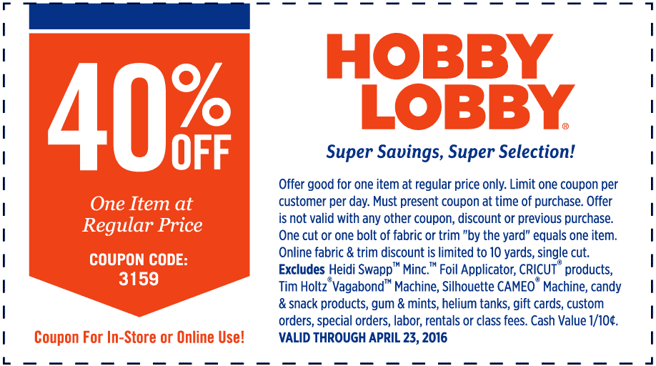 Hobby Lobby Coupon April 2024 40% off a single item at Hobby Lobby, or online via promo code 3159