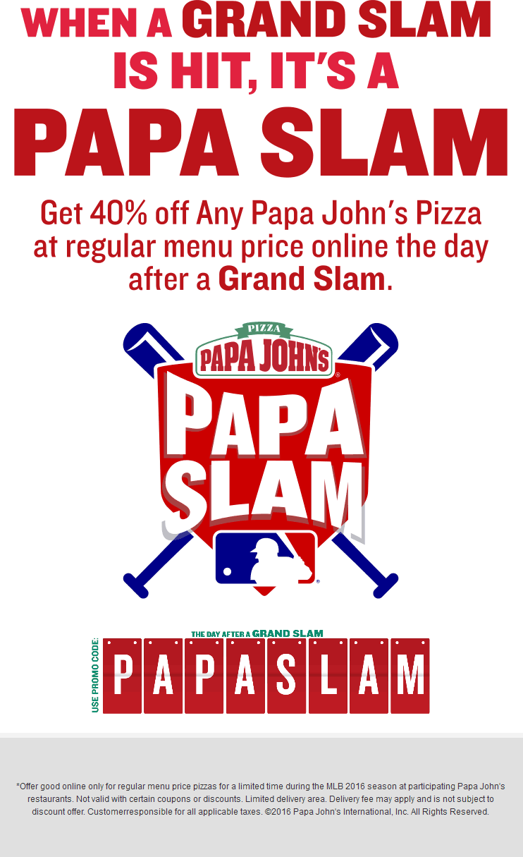Papa Johns Coupon April 2024 40% off pizza today at Papa Johns via promo code PAPASLAM