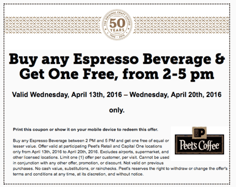 Peets Coffee Coupon April 2024 Second espresso free 2-5pm today at Peets Coffee