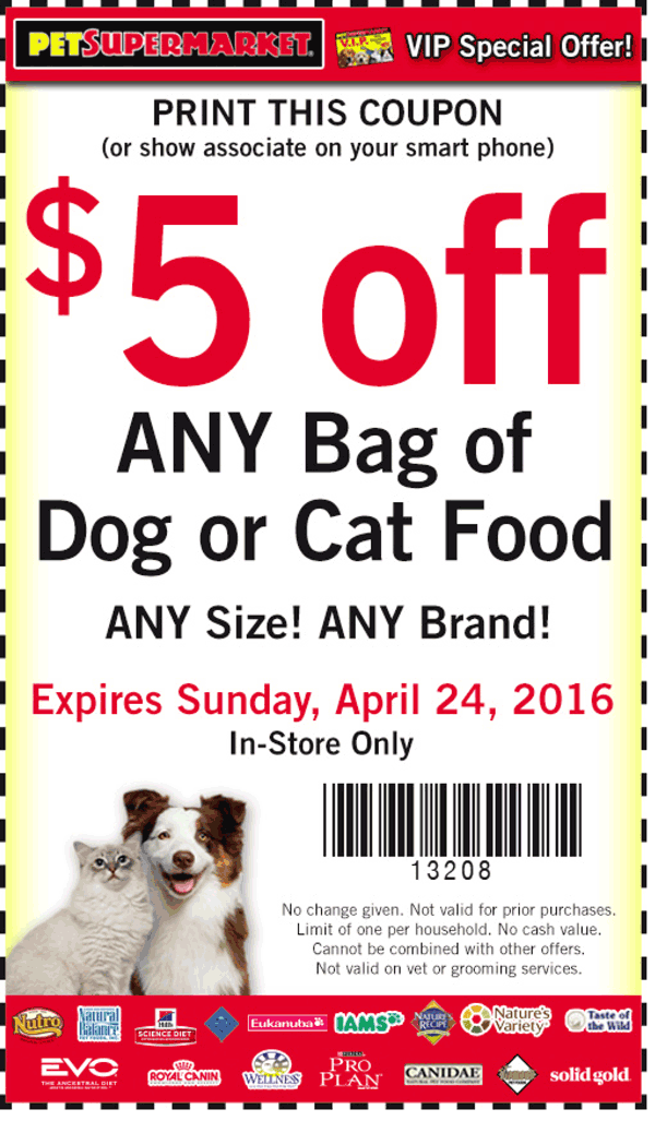 Pet Supermarket Coupon March 2024 $5 off any bag of dog or cat food at Pet Supermarket