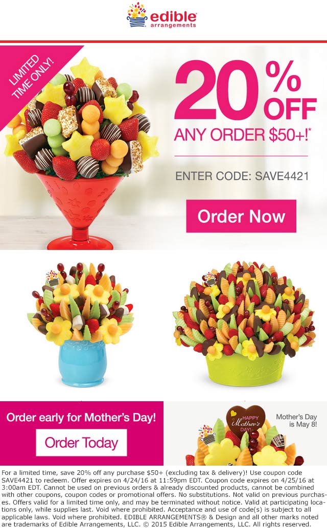 Edible Arrangements Coupon April 2024 20% off $50 at Edible Arrangements via promo code SAVE442