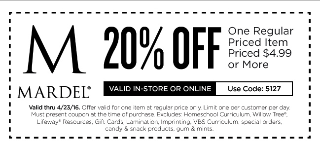 Mardel Coupon March 2024 20% off a single item at Mardel, or online via promo code 5127