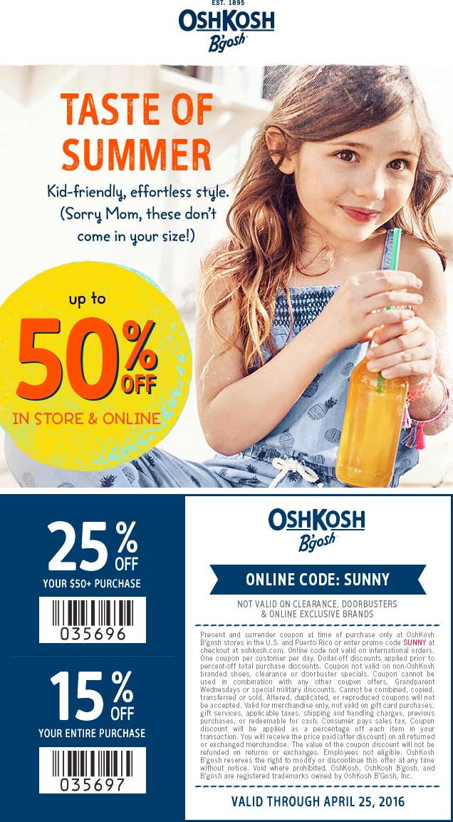 OshKosh Bgosh Coupon April 2024 15-25% off at OshKosh Bgosh, or online via promo code SUNNY