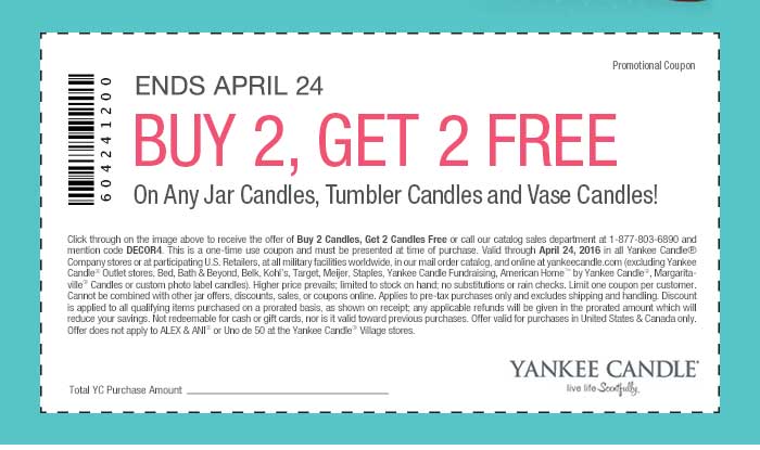 Yankee Candle Coupon April 2024 4-for-2 at Yankee Candle, or online via promo code DECOR4
